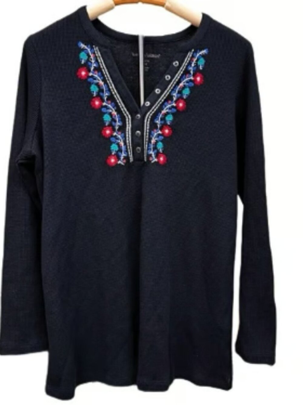 Woman Within Floral Lightweight Embroidered Top Long Sleeve Black Blouse Boho